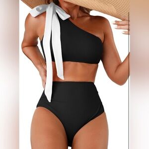 Women's XL Black One Shoulder High Waist Bikini Swimsuit White Bow Tie Beachwear